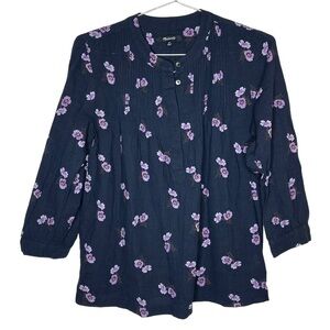MADEWELL Pintuck Popover Shirt in Pansy Bouquet Floral Peasant Blouse 3/4 Sleeve